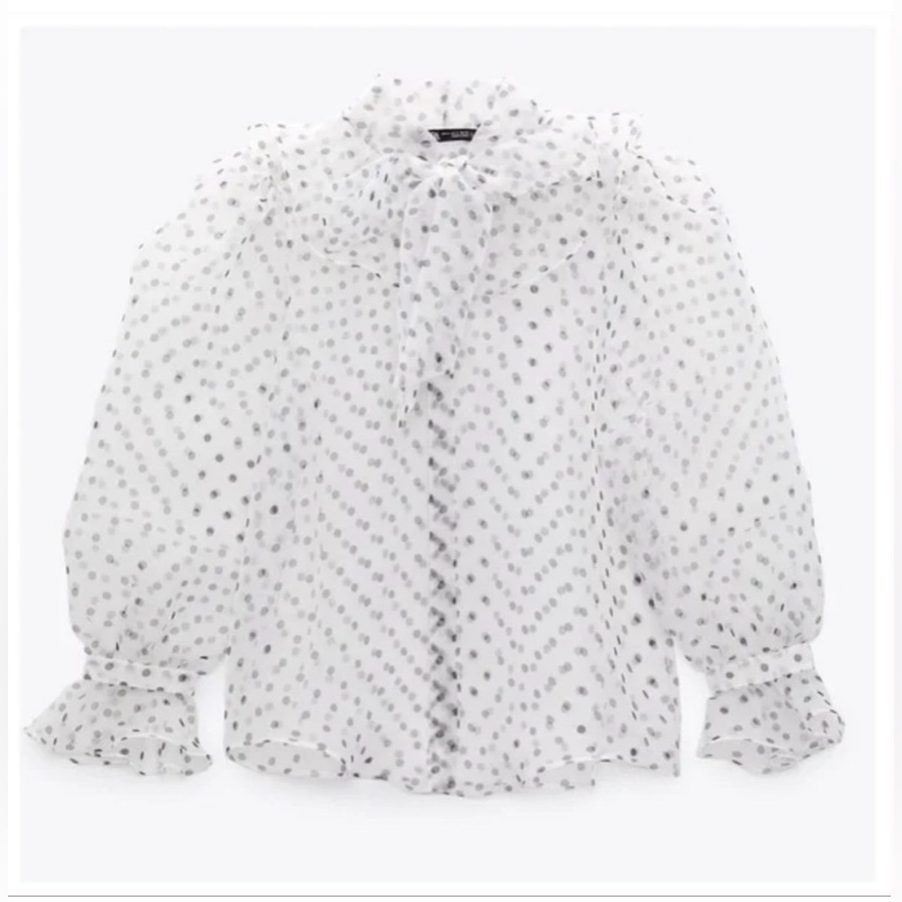Zara white sheer black polka dot button down shirt with bow tie